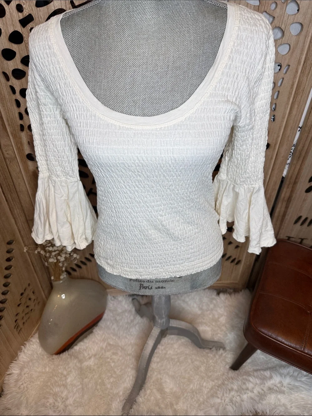 Anthropologie Cream Smocked Bell-Sleeve Scoop Neck Top